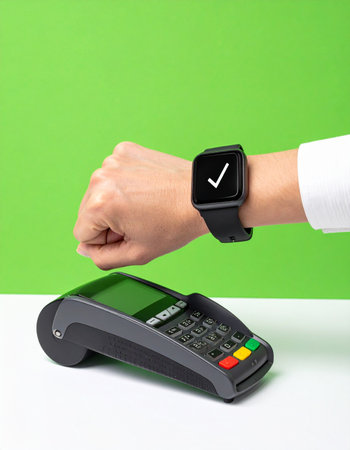 A quick tap of a smartwatch completes a purchase, with a satisfying checkmark confirming the successful transaction.の素材