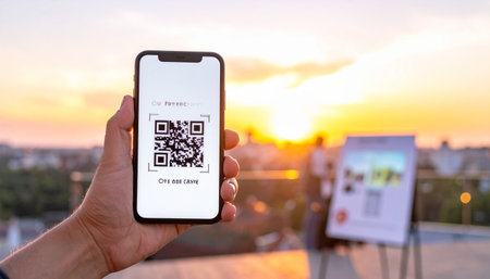 As the sun sets over the city, a person holds up their smartphone, the screen glowing with a QR code.の素材