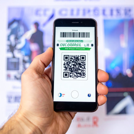 A person's hand holds a smartphone displaying a digital ticket with a QR code, ready for scanning.の素材