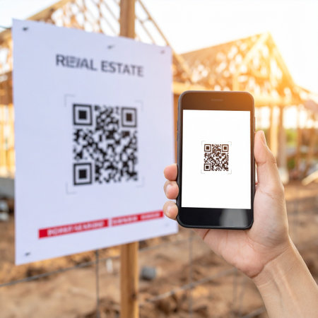 A prospective homebuyer uses their smartphone to scan a QR code on a real estate sign, instantly accessing details about a new house under construction.の素材