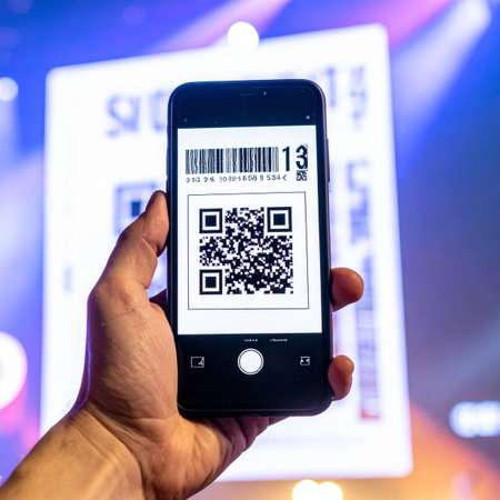 A person holds up their smartphone, displaying a digital ticket with a QR code, ready for quick and seamless entry into an exciting event.の素材