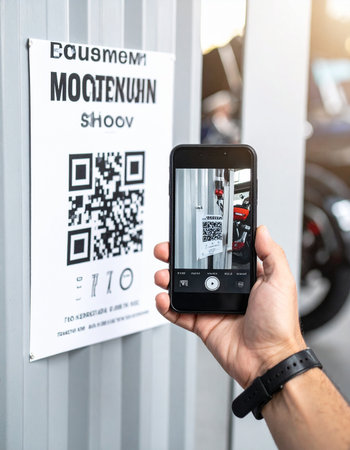 A person uses their smartphone camera to scan a QR code on a poster, instantly accessing digital information.の素材