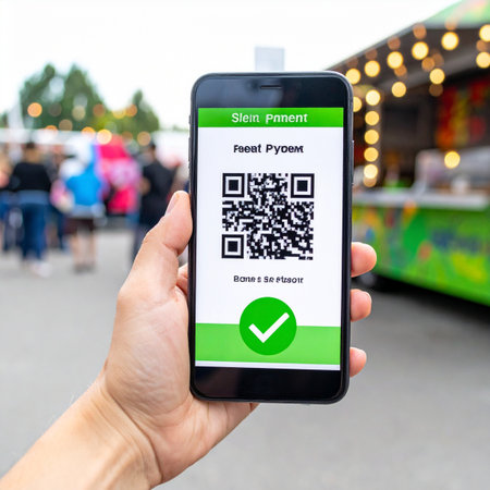 A person holds up their smartphone, displaying a successful QR code payment confirmation.の素材