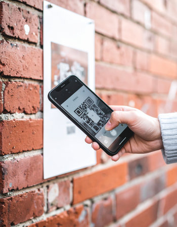 A person's hand holds a smartphone up to a poster on a brick wall, scanning a QR code to instantly access digital information.の素材