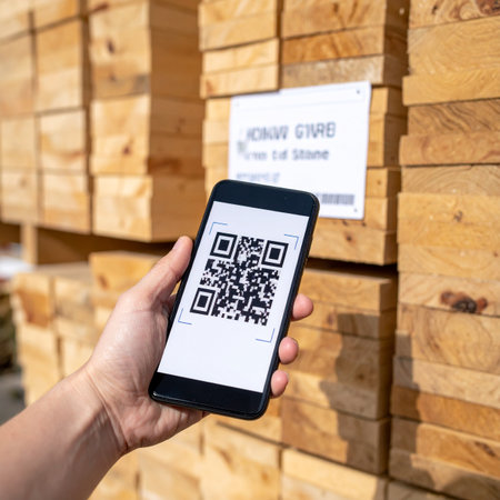 A worker's hand holds a smartphone, scanning a QR code to access data on a stack of lumber in a warehouse.の素材