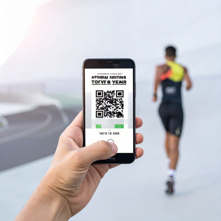 A runner in the background heads towards the starting line while a participant in the foreground holds up a smartphone displaying a QR code for digital check-in.の素材