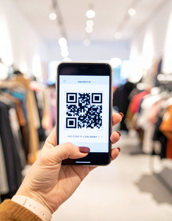 A customer holds up her smartphone, displaying a QR code ready to be scanned.の素材