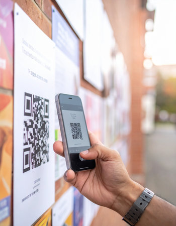 A person's hand holds a smartphone, using its camera to scan a QR code on a poster.の素材