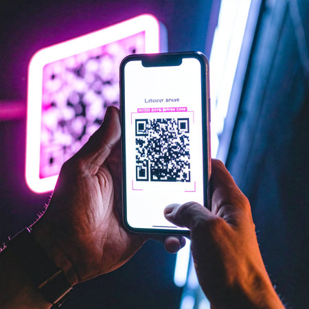 In a vibrant, futuristic setting illuminated by pink and blue neon lights, a person holds up their smartphone.の素材