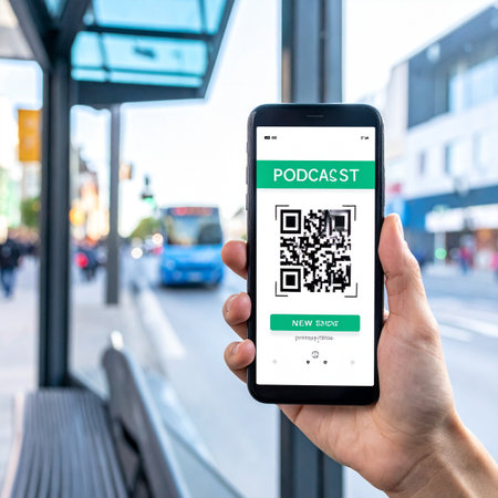 A person uses their smartphone to access a podcast via a QR code while waiting at a city bus stop.の素材