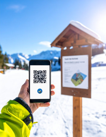 A person in a bright winter jacket holds a smartphone, scanning a QR code on a wooden trail sign.の素材