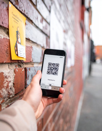 A person holds a smartphone to scan a QR code on a poster against a rustic brick wall.の素材