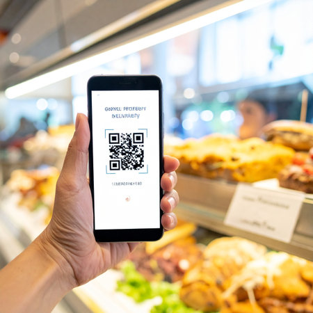 A customer uses their smartphone to make a quick and secure contactless payment via a QR code at a local deli counter.の素材