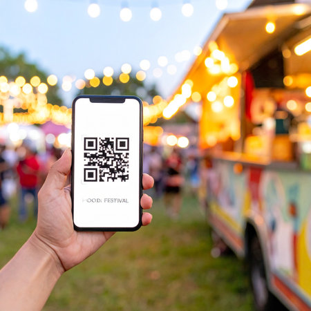 A person's hand holds a smartphone displaying a QR code for a quick and easy payment at a vibrant outdoor food truck festival.の素材