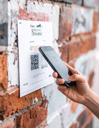 A person uses their smartphone to scan a QR code on a flyer posted to a rustic brick wall.の素材
