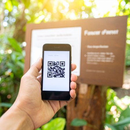 A visitor uses their smartphone to scan a QR code on a wooden sign in a sunlit park.の素材