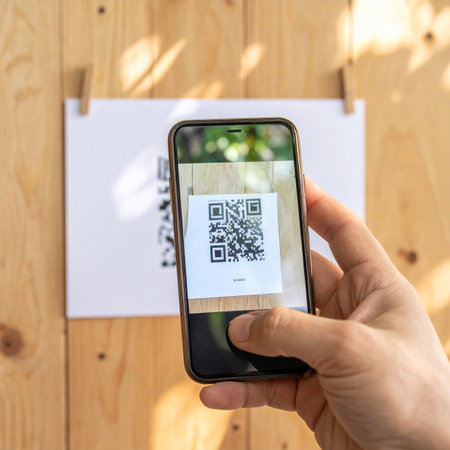 A person holds their smartphone up to a QR code posted on a wooden surface, using the camera to instantly access digital information.の素材