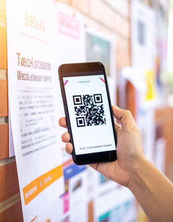 A person uses their smartphone camera to instantly scan a QR code on a public notice board.の素材