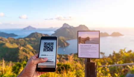 A traveler uses their smartphone to scan a QR code at a stunning scenic viewpoint.の素材