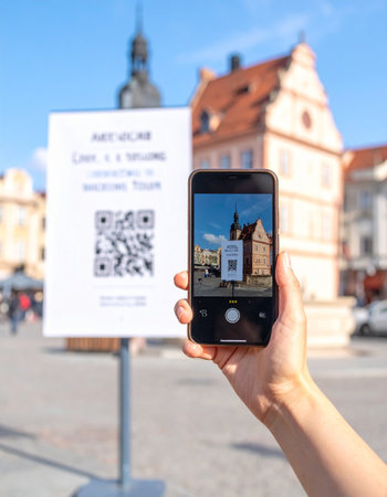 A traveler uses their smartphone to scan a QR code, instantly unlocking a digital guide to the historic European city square.の素材