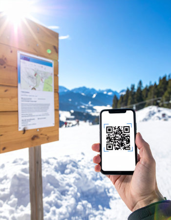 A person holds a smartphone to scan a QR code on an information sign at a sunny ski resort.の素材