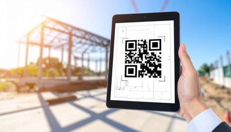A construction manager uses a tablet to scan a QR code, instantly accessing digital blueprints and project data directly on the building site.の素材