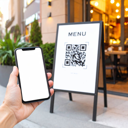 A customer's hand holds a smartphone with a blank screen, pointed at a sidewalk sign with a QR code for a digital menu.の素材