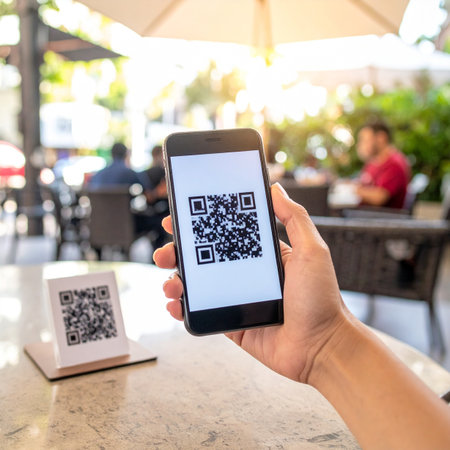A customer enjoys a sunny day on a restaurant patio, using their smartphone to scan a QR code on the table.の素材
