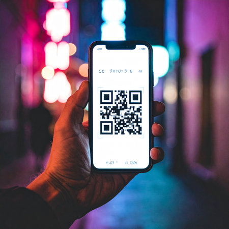 A person's hand holds a smartphone, its screen glowing with a QR code ready for scanning.の素材