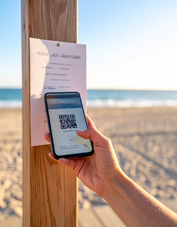 A person uses their smartphone to scan a QR code on a sign at the beach, seamlessly accessing digital information or services with the ocean in the background.の素材