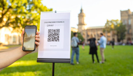 A person's hand holds a smartphone up to a sign, scanning a QR code for contactless access or information on a sunny university campus.の素材