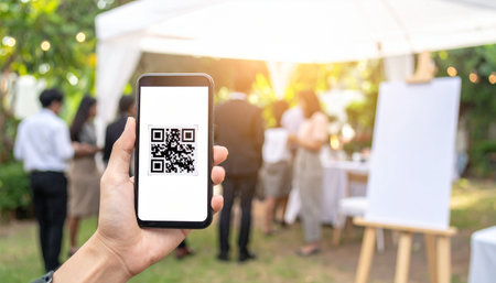 A person holds up a smartphone displaying a QR code for a quick and seamless check-in at a sunny outdoor garden party.の素材