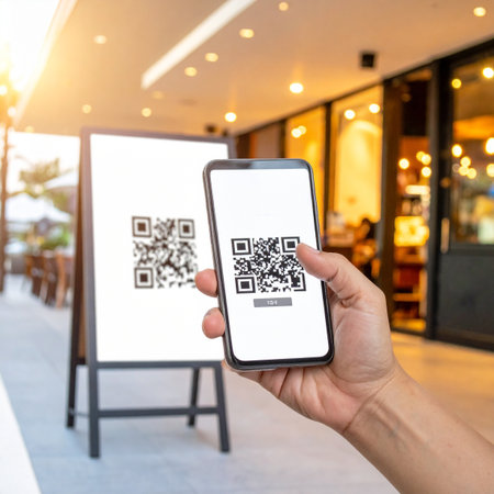 A customer uses their smartphone to scan a QR code on a sign outside a modern cafe.の素材