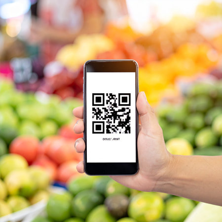 A customer holds up their smartphone, displaying a QR code for a quick and secure contactless payment.の素材