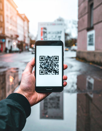 A person holds up a smartphone, its screen glowing with a QR code ready for a quick scan.の素材