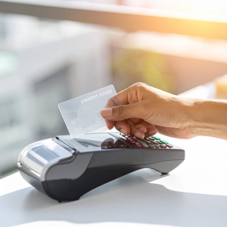 A customer completes a quick and secure purchase at a sunlit counter.の素材