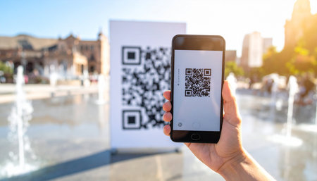 In a sun-drenched city plaza with fountains sparkling in the background, a person uses their smartphone to instantly access information by scanning a QR code.の素材