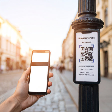 A person uses their smartphone to scan a QR code on a city lamppost, seamlessly accessing digital information.の素材