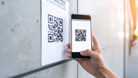 A person's hand holds a smartphone up to a QR code on a poster, demonstrating the ease of accessing digital information.の素材