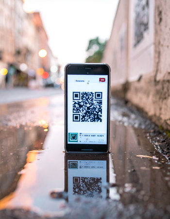 In a rain-slicked city alley, a smartphone stands as a beacon of modern technology.の素材