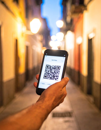 A person holds up a smartphone displaying a QR code for digital access or contactless payment.の素材