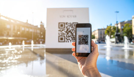 A person uses their smartphone to scan a large QR code in a sunny city plaza, instantly accessing digital information.の素材