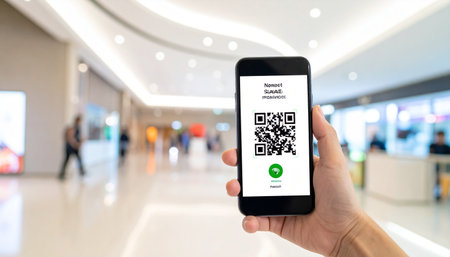 A person holds a smartphone displaying a successful QR code verification in a bustling shopping mall.の素材