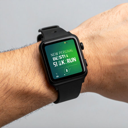 A close-up view of a modern smartwatch on a runner's wrist.の素材
