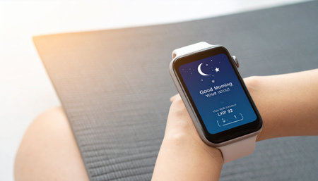 A person starts their day by checking their sleep quality data on a modern smartwatch.の素材