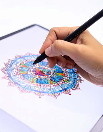 A close-up view captures the moment of creation as a digital artist uses a stylus to meticulously draw a vibrant and intricate mandala on a tablet.の素材