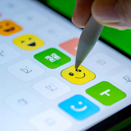 A close-up view captures the moment of digital creation as a graphic designer uses a stylus to draw a cheerful smiley face on a tablet.の素材