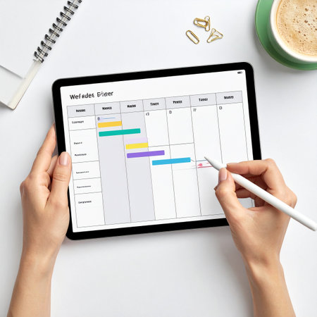 A project manager meticulously adjusts a digital Gantt chart on a tablet, using a stylus for precision.の素材