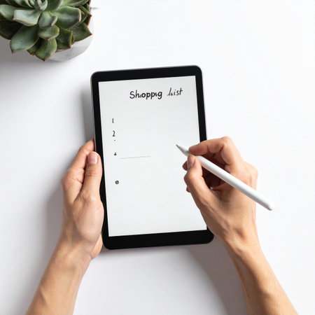 A top-down view captures a moment of modern efficiency. A person uses a stylus to create a digital shopping list on a tablet, streamlining household chores with technology.の素材