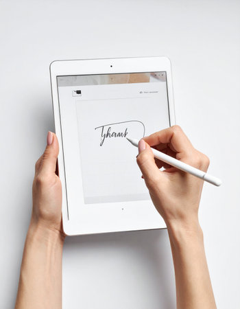 In a minimalist setting, a hand gracefully uses a stylus to write a heartfelt 'thank you' note on a digital tablet.の素材